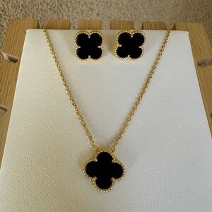 Alhambra Style Black Onyx Clover Earrings and Necklace set